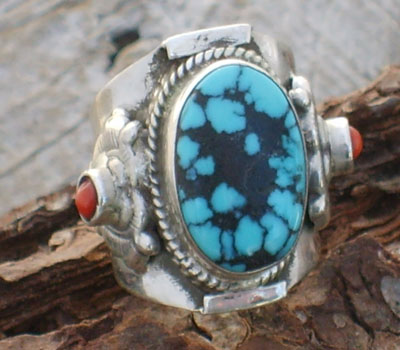 Tibetan Ring Turquoise w/ Coral Accents - sz 7.5